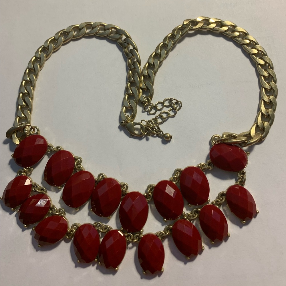 Double Radiant Red Colored Gemstones/Rhinestones Necklace